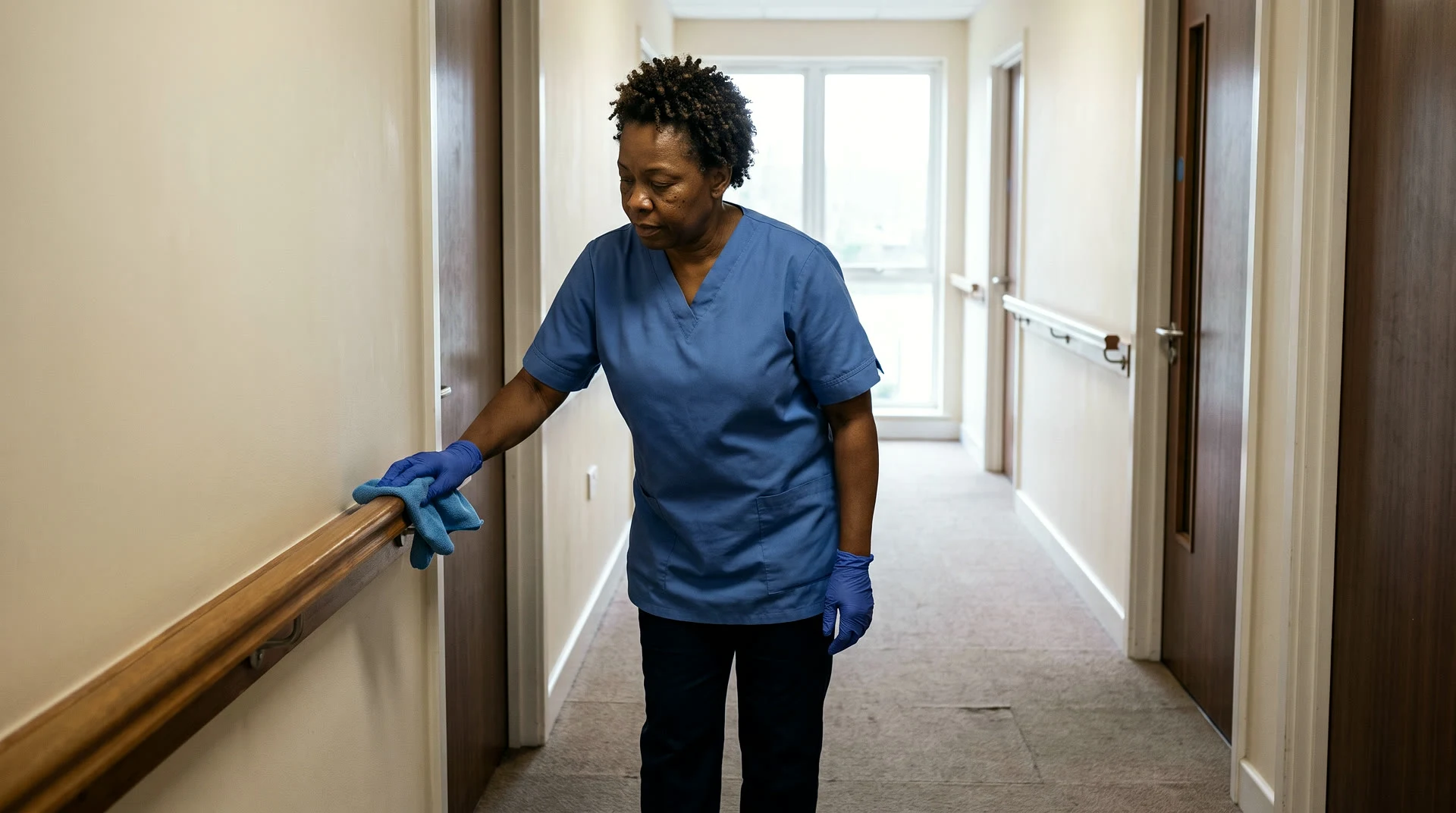 Care homes &mdash; a cleaner wiping a wooden handrail in a care-home corridor
