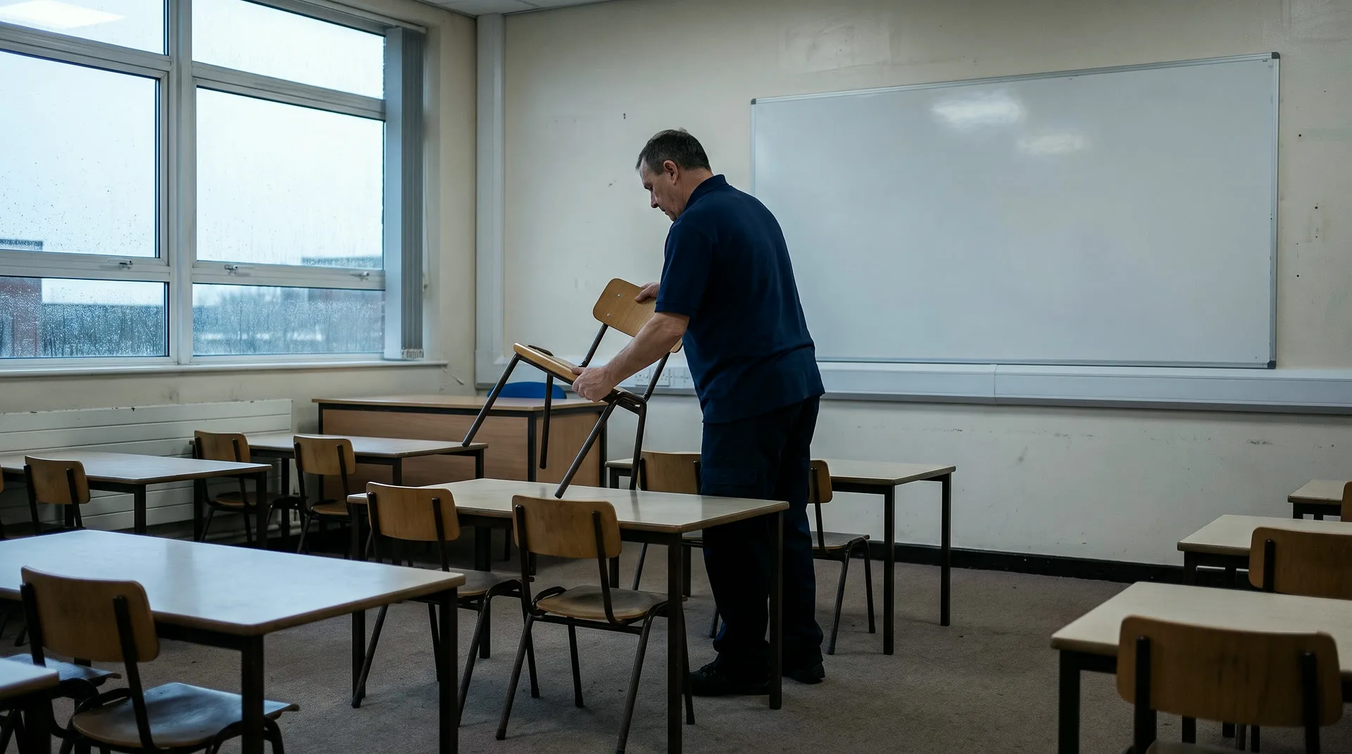 Schools and education &mdash; a cleaner lifting a chair onto a desk in a classroom