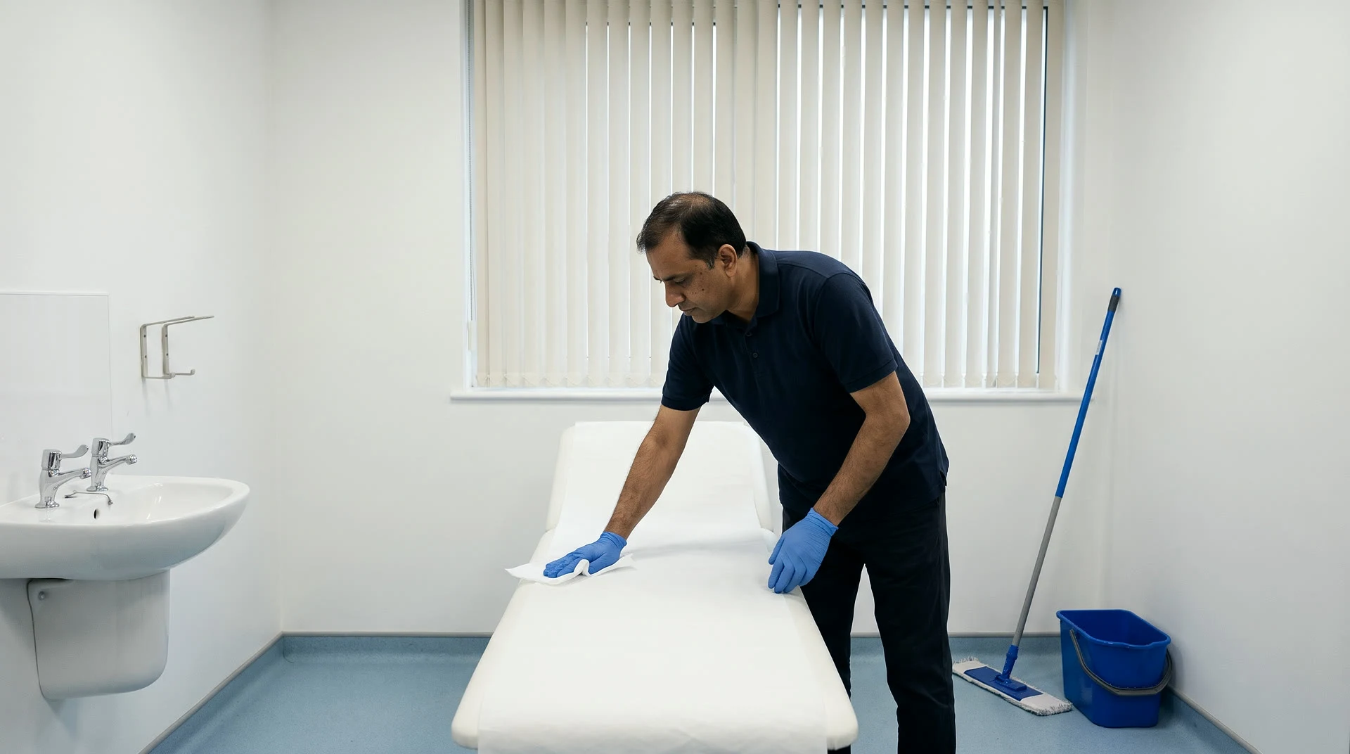 Healthcare and clinics &mdash; a cleaner wiping down an examination couch in a treatment room