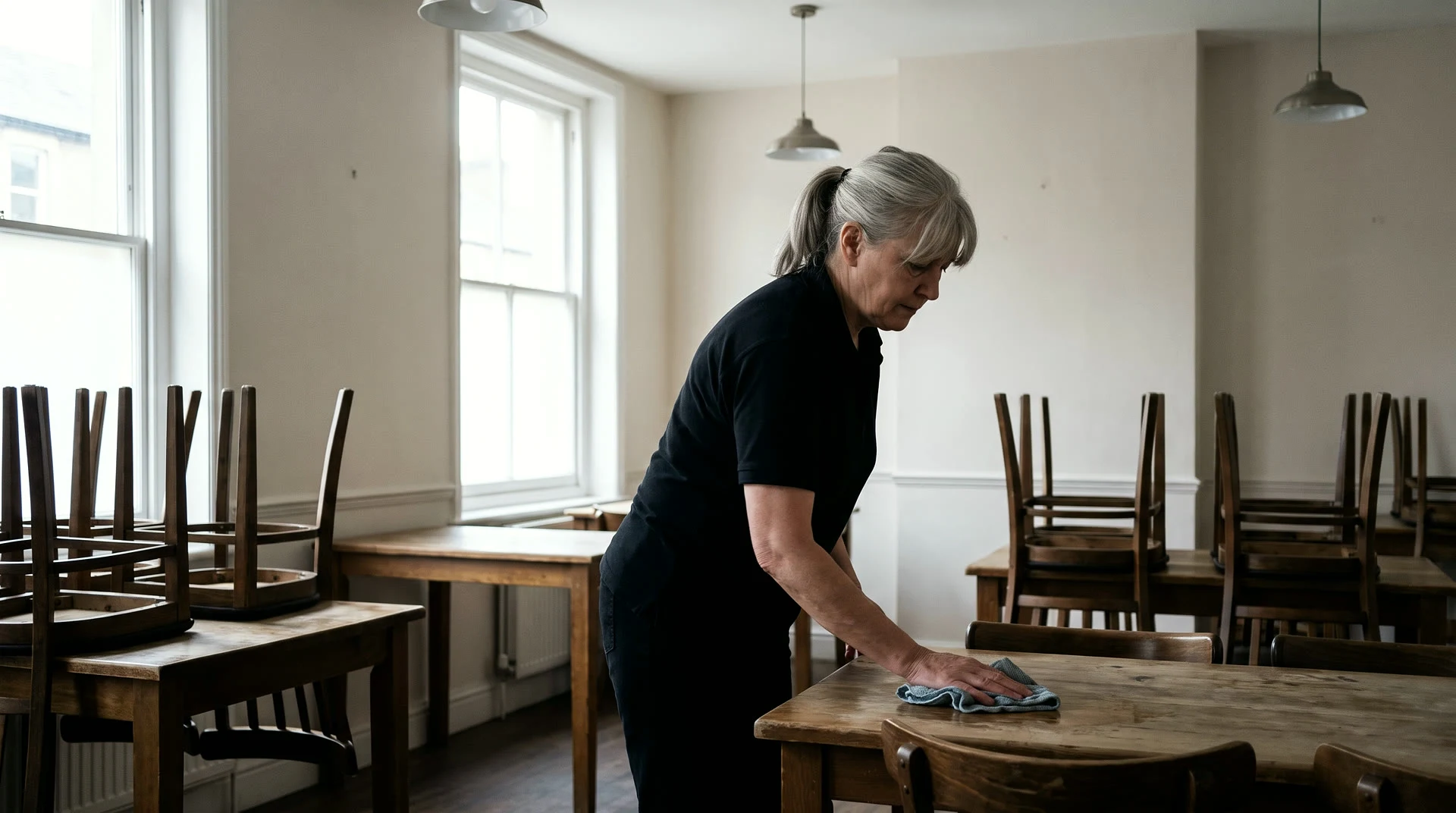 Hospitality &mdash; a cleaner wiping tables in a restaurant before service