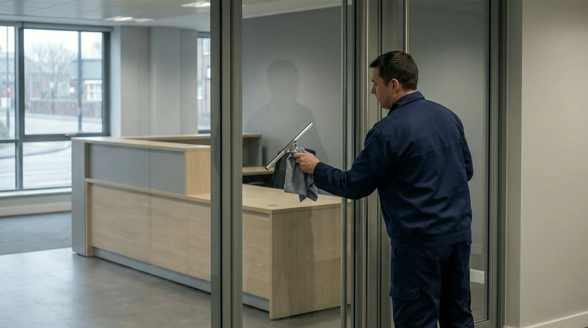 Offices &mdash; a cleaner using a squeegee on a glass office partition