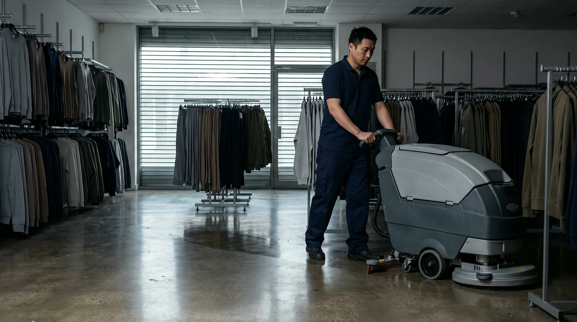 Retail &mdash; a cleaner running a floor scrubber between clothing rails before a shop opens