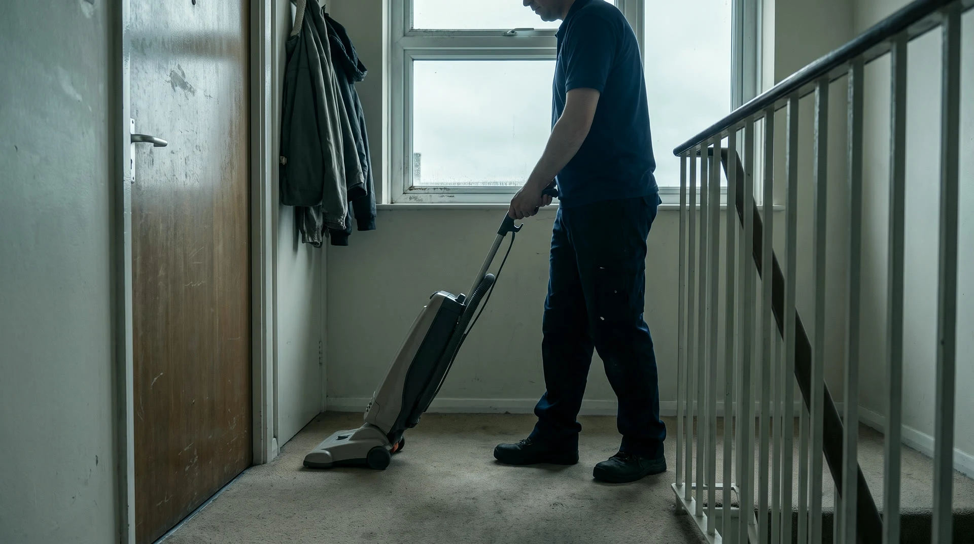A cleaner vacuuming the carpet on a communal stair landing