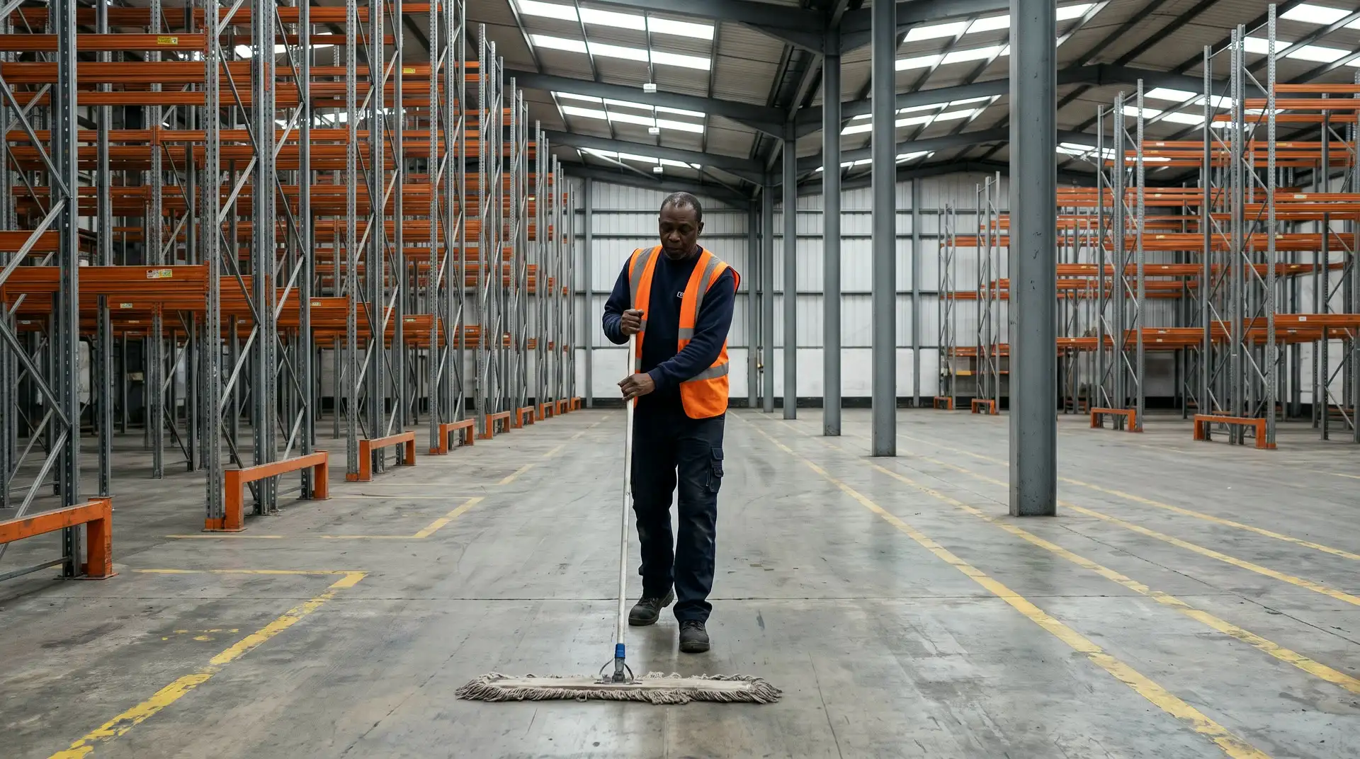 Industrial and warehouse &mdash; a cleaner pushing a wide dust mop along a warehouse aisle